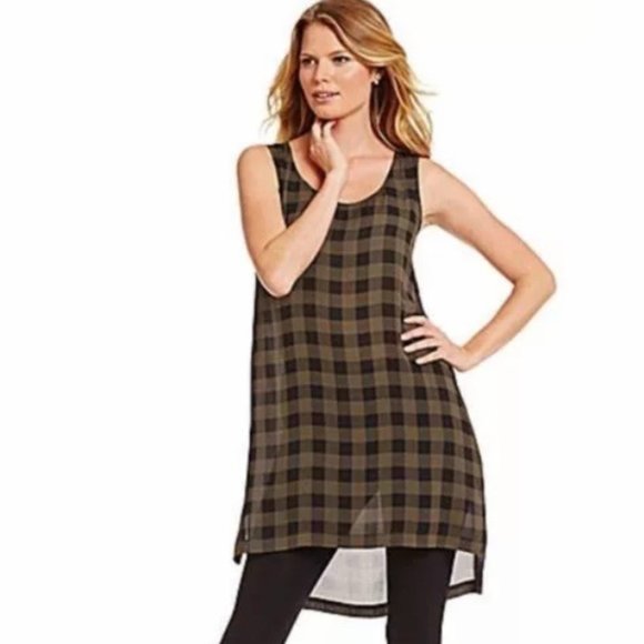 Eileen Fisher Tops - Eileen Fisher Olive Buffalo Check Silk Tunic Top Sz MP